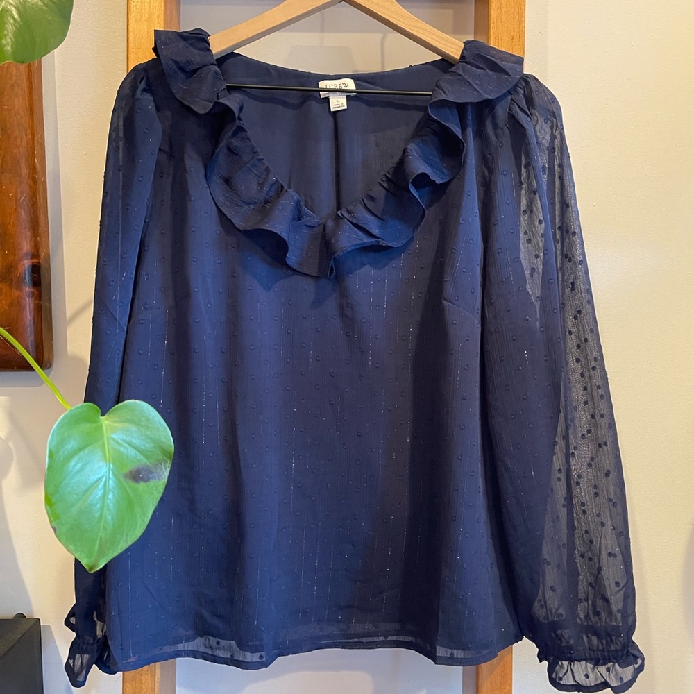 J.Crew Factory SZ L Navy Sparky V Neck Blouse!